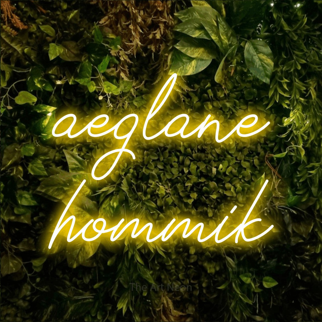 LED neon sign reading “aeglane hommik”, arranged in 2 lines.
