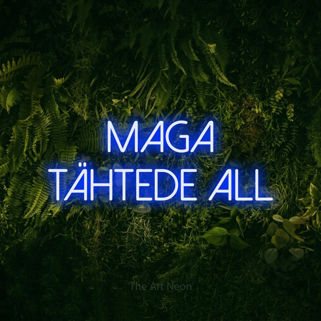 LED neon sign reading “maga tähtede all”, arranged in 2 lines.