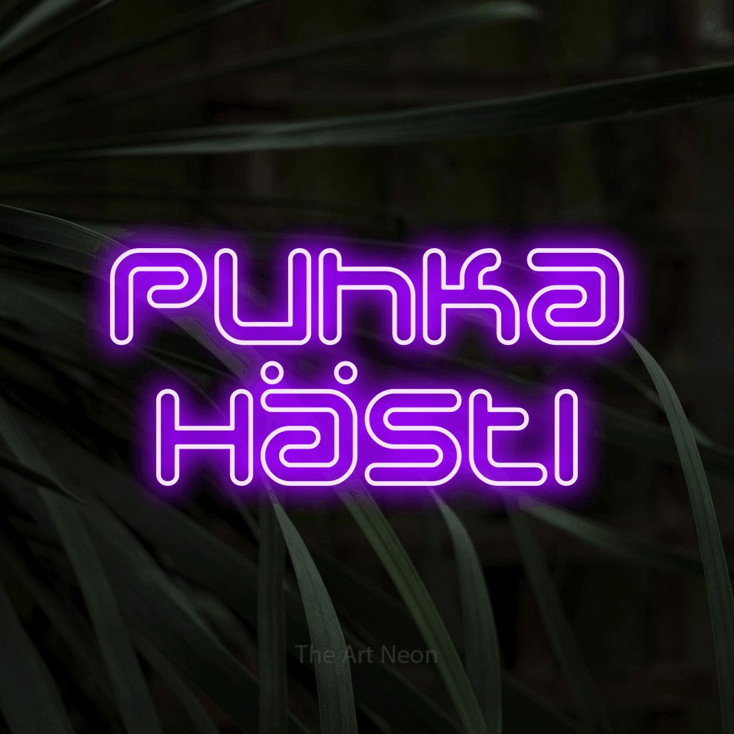 LED neon sign reading “Puhka Hästi”, arranged in 2 lines.
