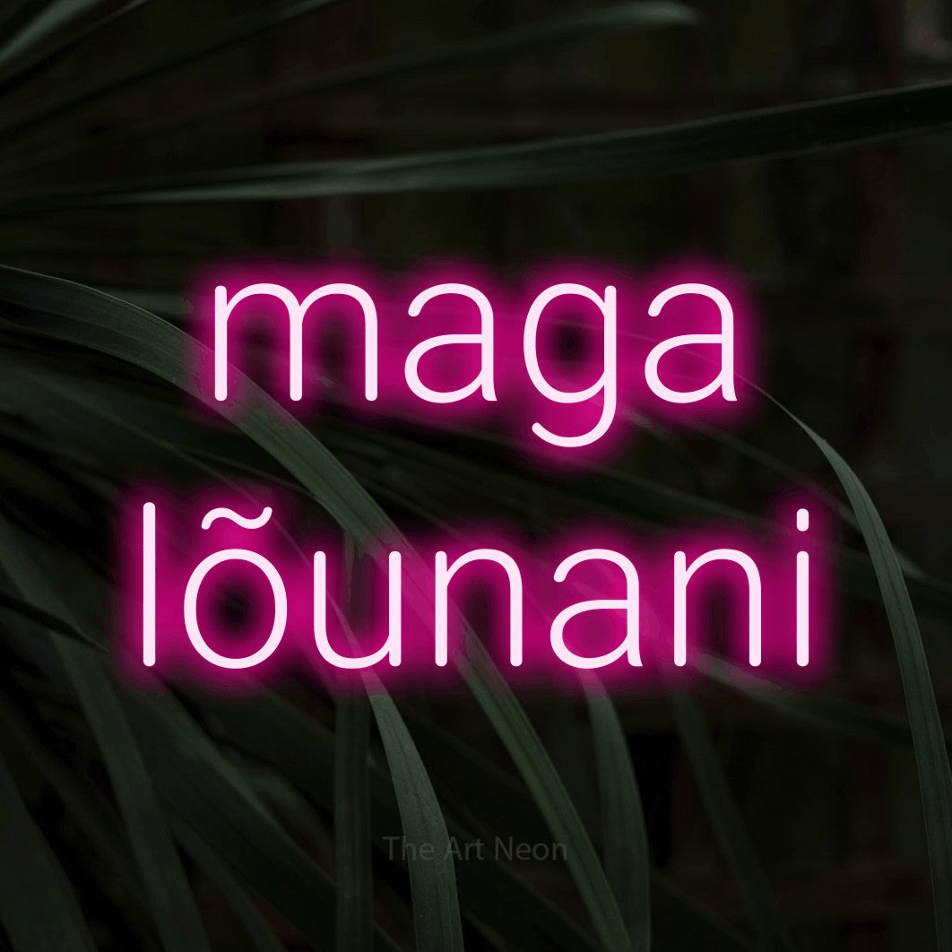 LED neon sign reading “maga lõunani”, arranged in 2 lines.