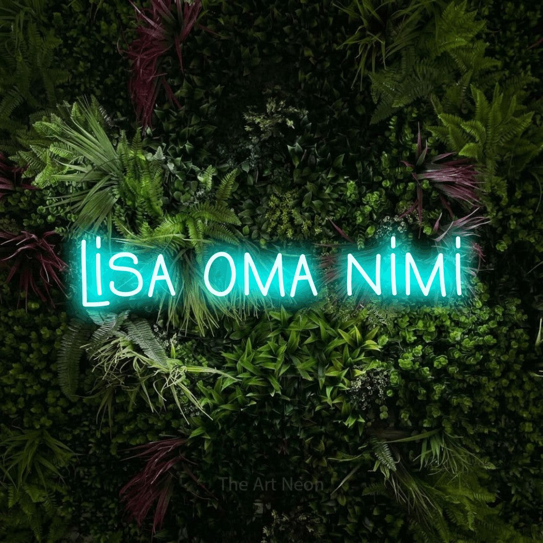 LED neon sign reading “lisa oma nimi”, arranged in a single line.