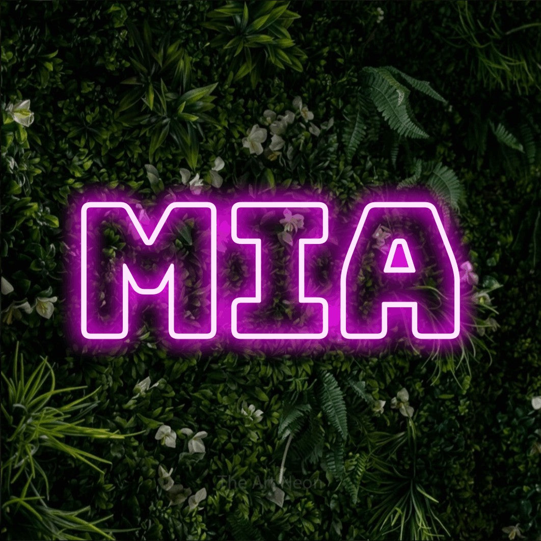 LED neon sign reading “Mia”, arranged in a single line.