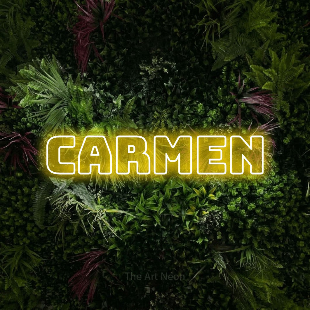 LED neon sign reading “CARMEN”, arranged in a single line.