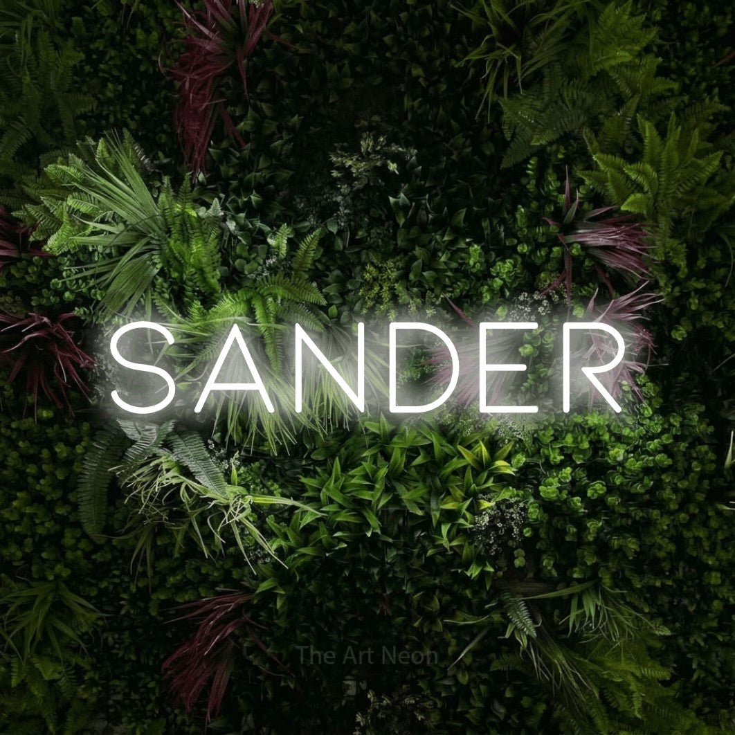 LED neon sign reading “Sander”, arranged in a single line.