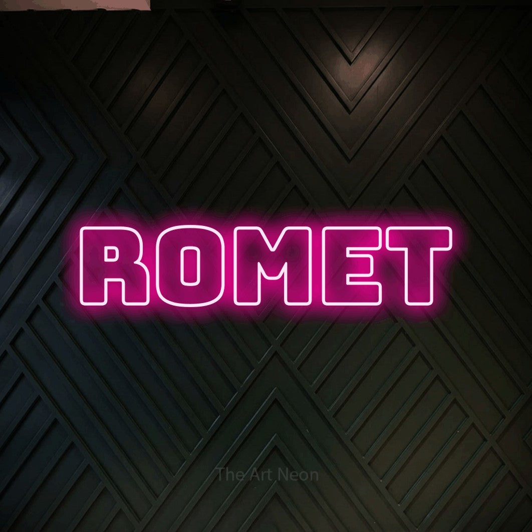 LED neon sign reading “Romet”, arranged in a single line.