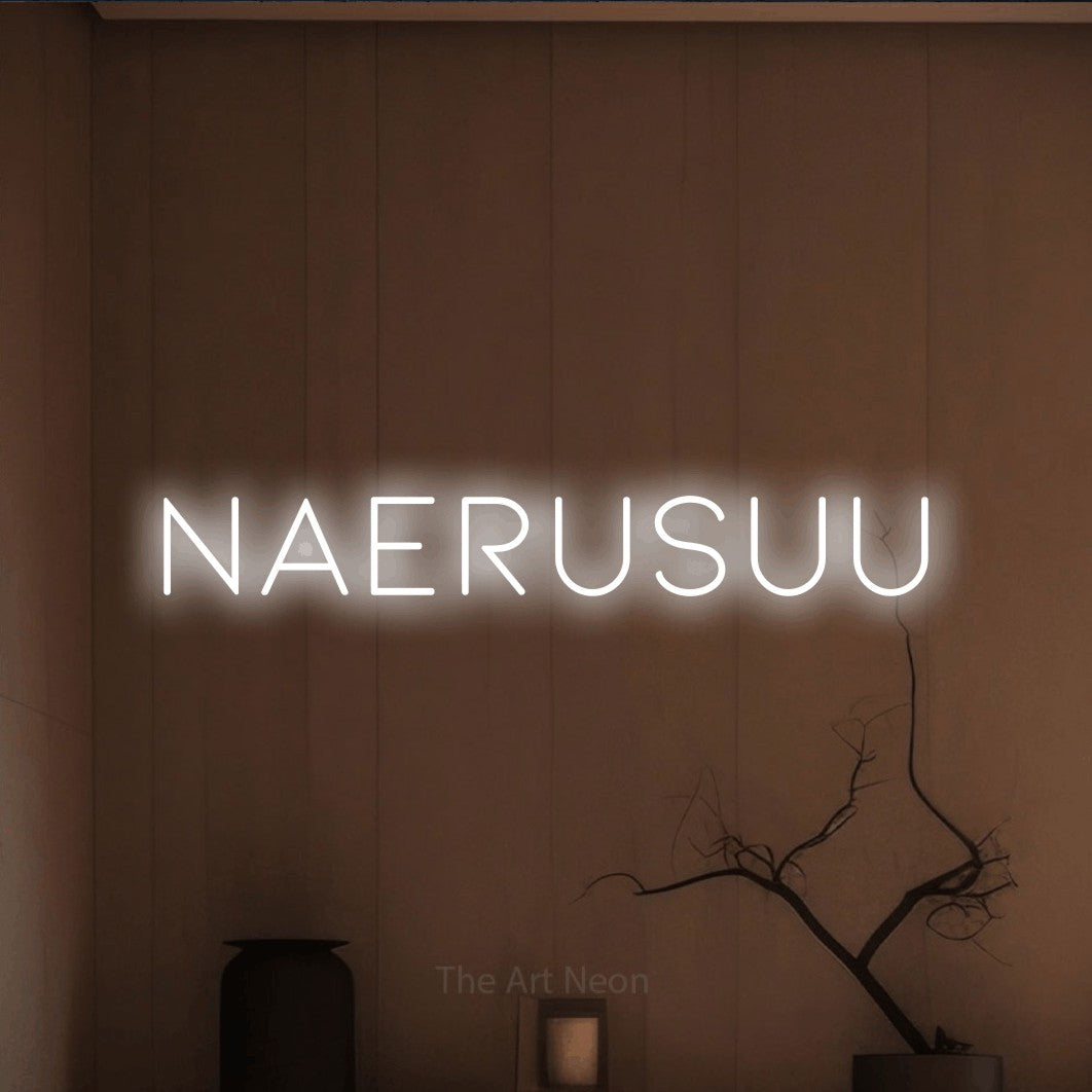 LED neon sign reading “Naerusuu”, arranged in a single line.