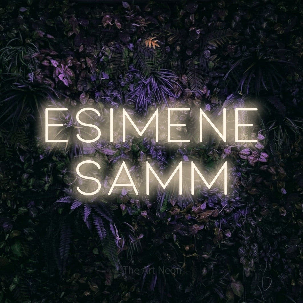 LED neon sign reading “esimene samm”, arranged in 2 lines.
