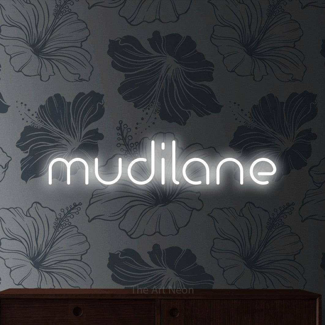 LED neon sign reading “mudilane”, arranged in a single line.