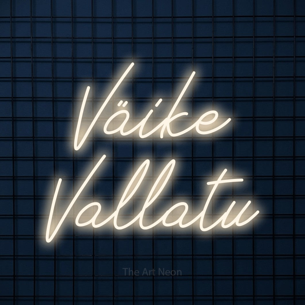 LED neon sign reading “Väike Vallatu”, arranged in 2 lines.