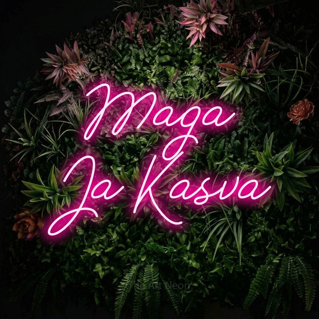 LED neon sign reading “Maga Ja Kasva”, arranged in 2 lines.