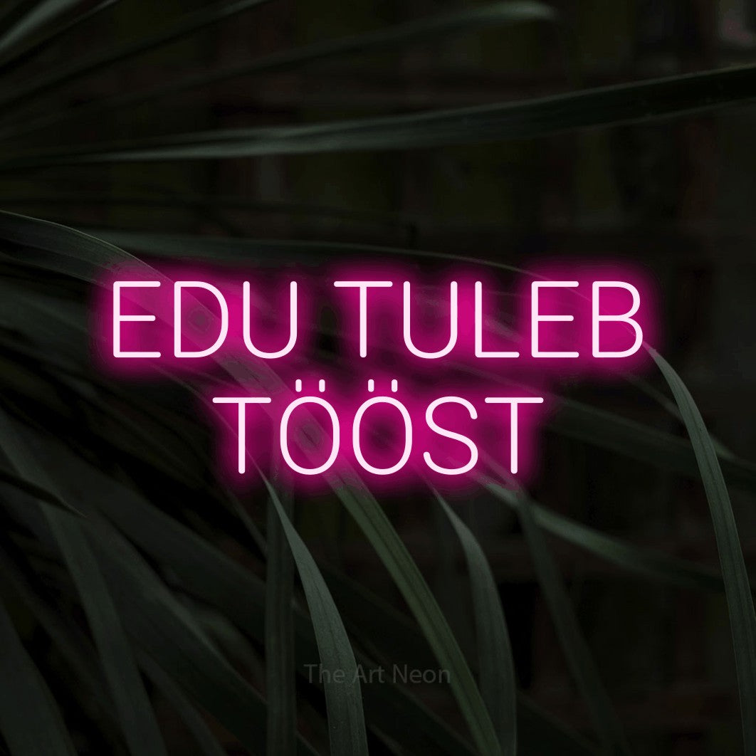 LED neon sign reading “EDU TULEB TÖÖST”, arranged in 2 lines.