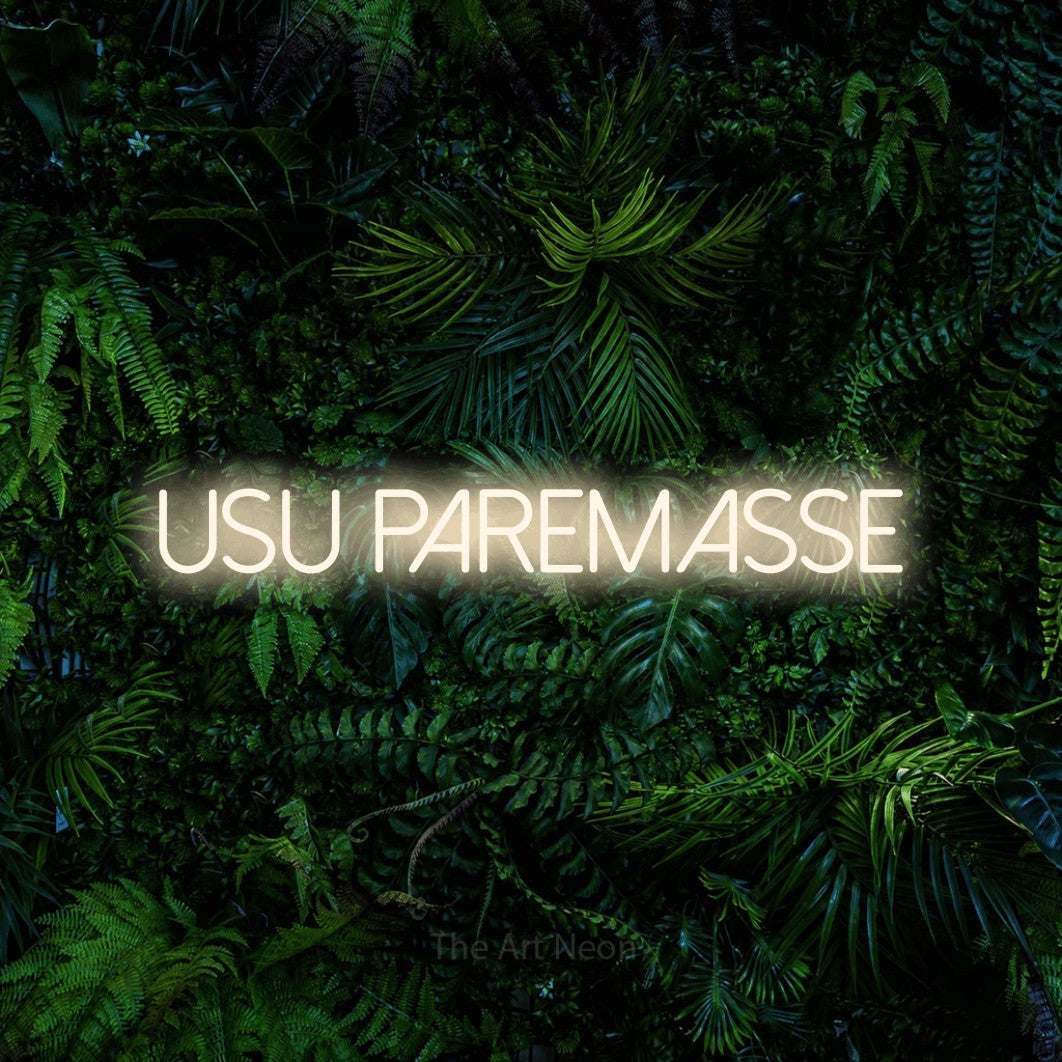 LED neon sign reading “Usu Paremasse”, arranged in a single line.