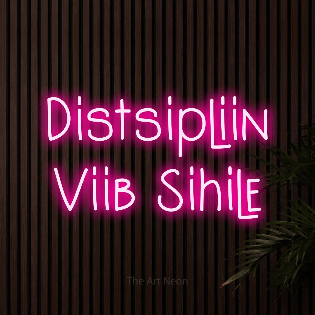 LED neon sign reading “Distsipliin Viib Sihile”, arranged in 2 lines.