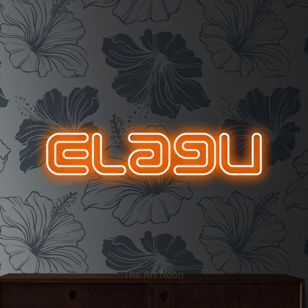 LED neon sign reading “Elagu”, arranged in a single line.