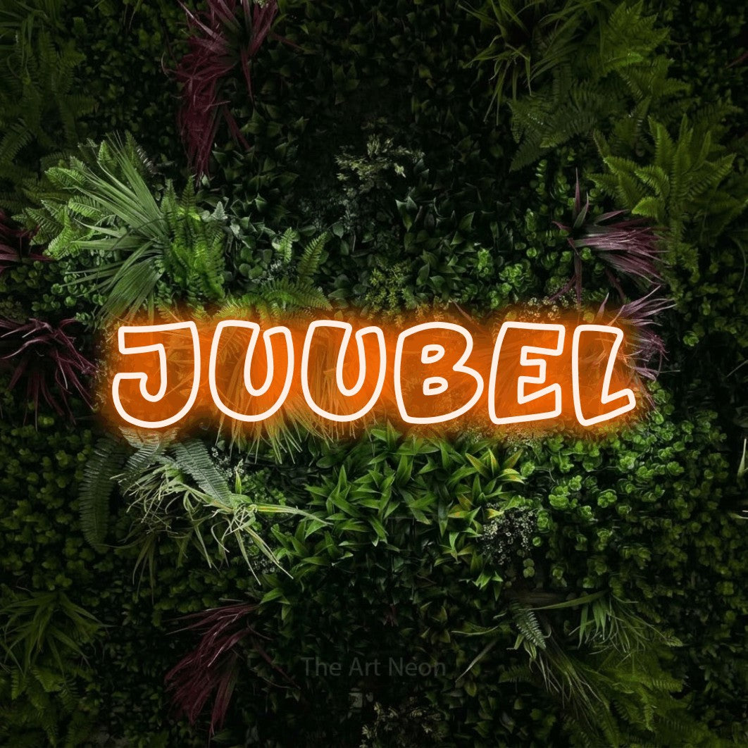 LED neon sign reading “Juubel”, arranged in a single line.
