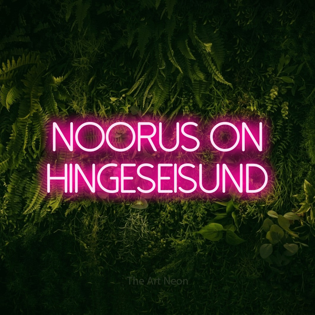 LED neon sign reading “noorus on hingeseisund”, arranged in 2 lines.