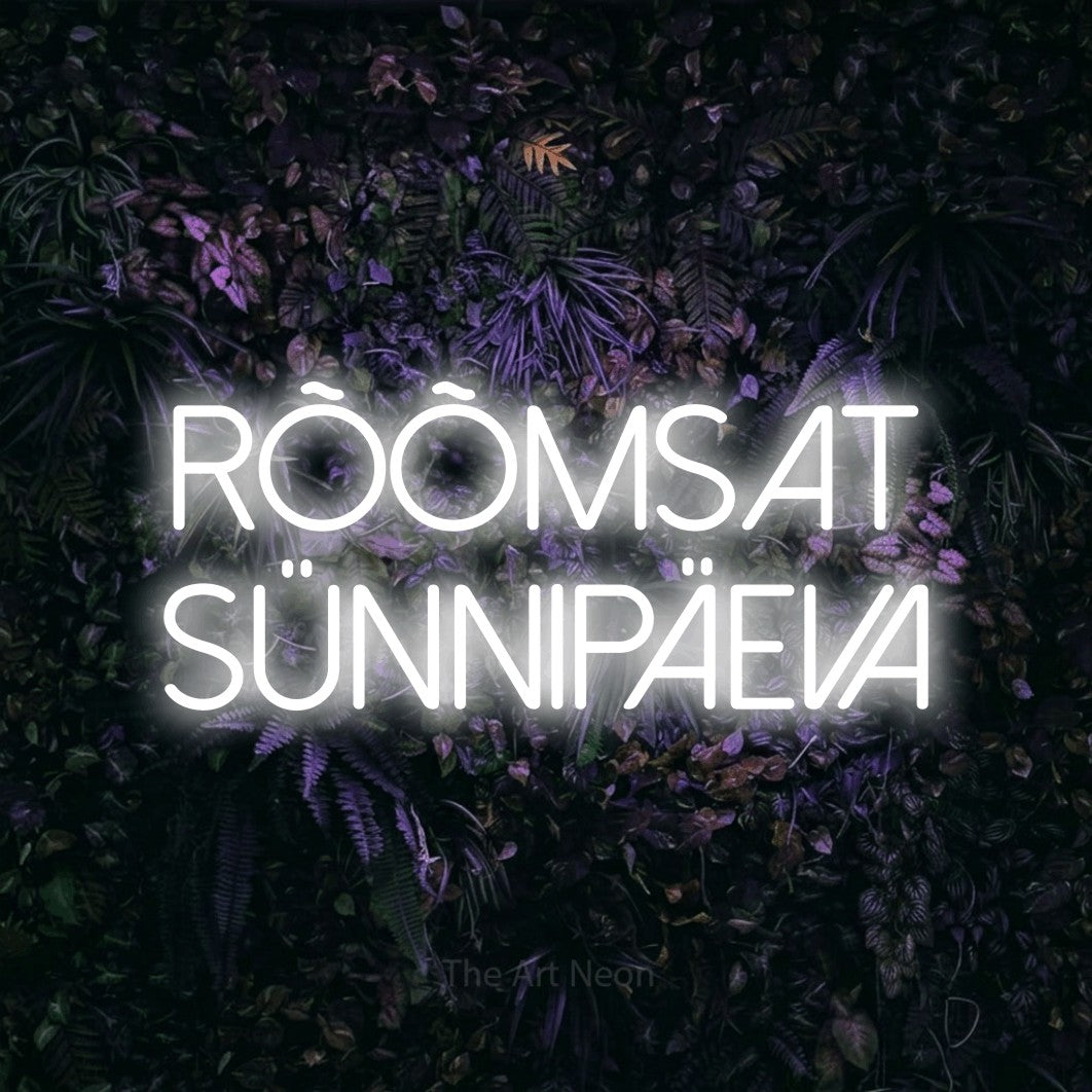 LED neon sign reading “rõõmsat sünnipäeva”, arranged in 2 lines.