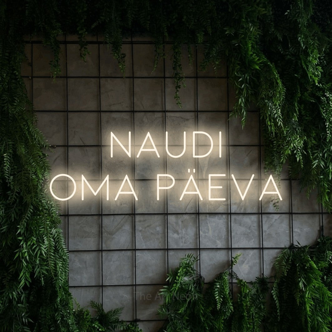 LED neon sign reading “naudi oma päeva”, arranged in 2 lines.