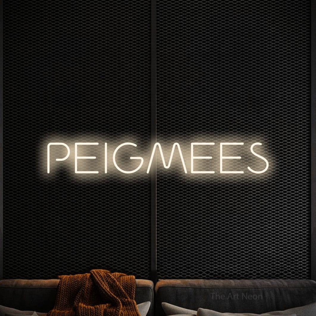 LED neon sign reading “PEIGMEES”, arranged in a single line.