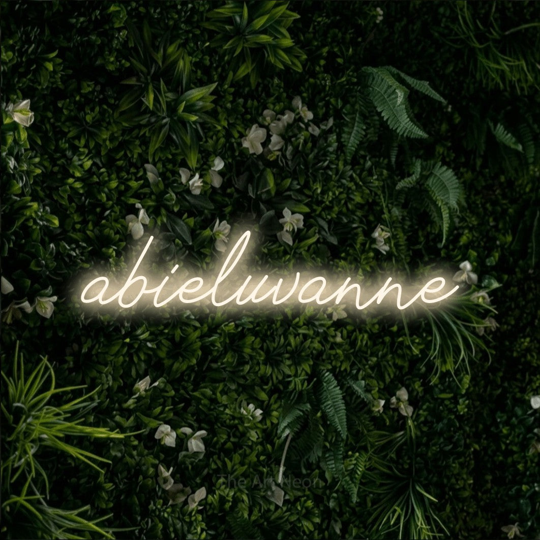 LED neon sign reading “abieluvanne”, arranged in a single line.