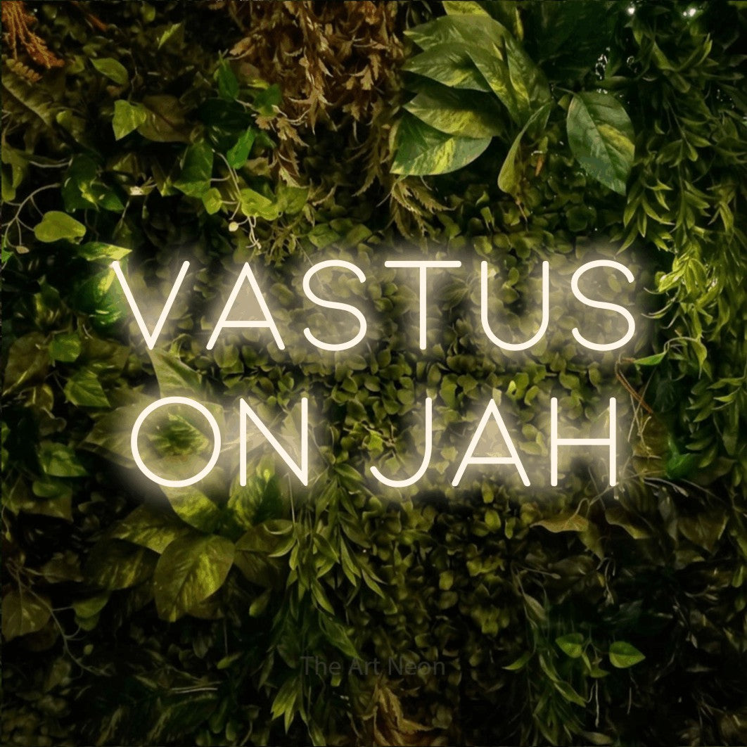LED neon sign reading “Vastus On Jah”, arranged in 2 lines.