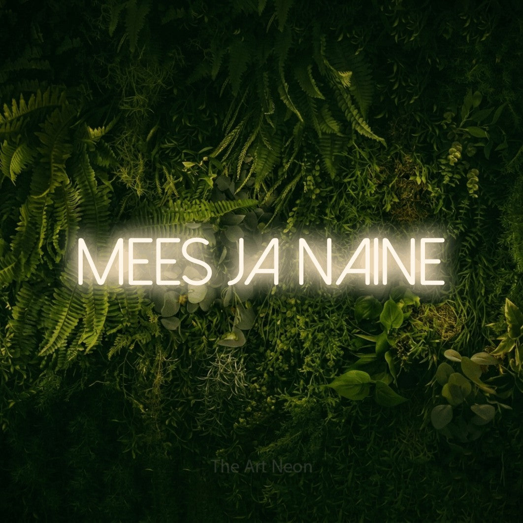 LED neon sign reading “mees ja naine”, arranged in a single line.