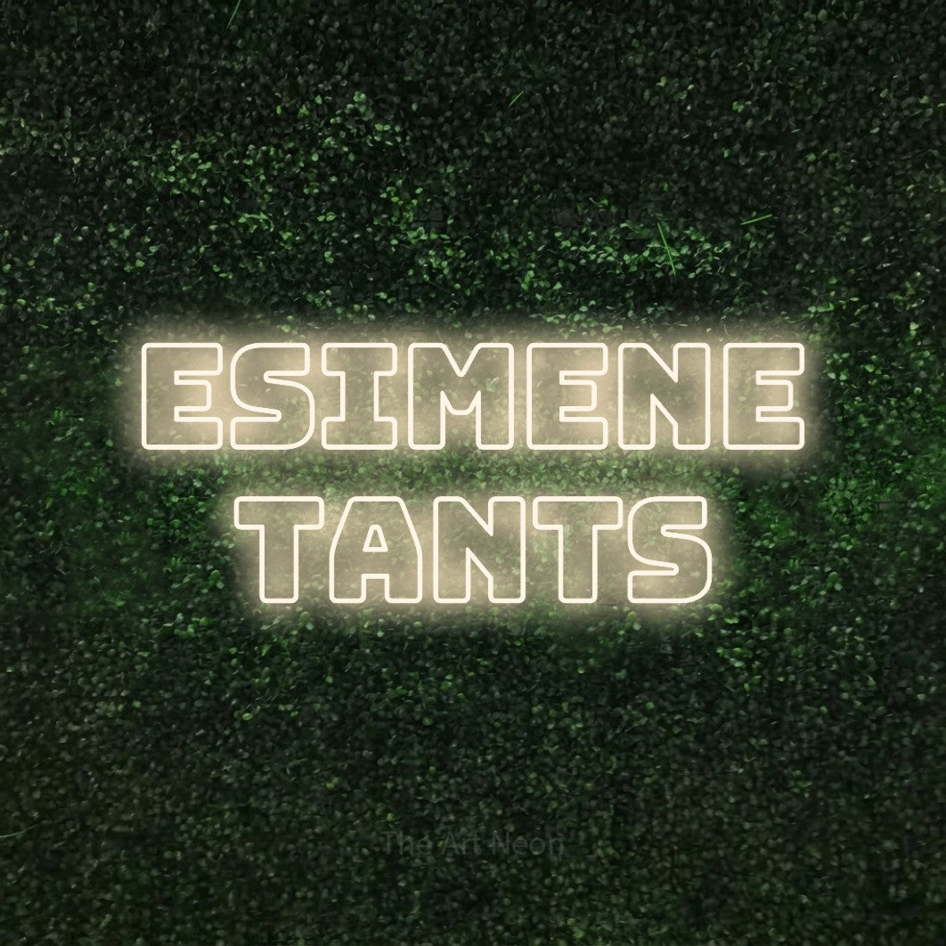 LED neon sign reading “ESIMENE TANTS”, arranged in 2 lines.