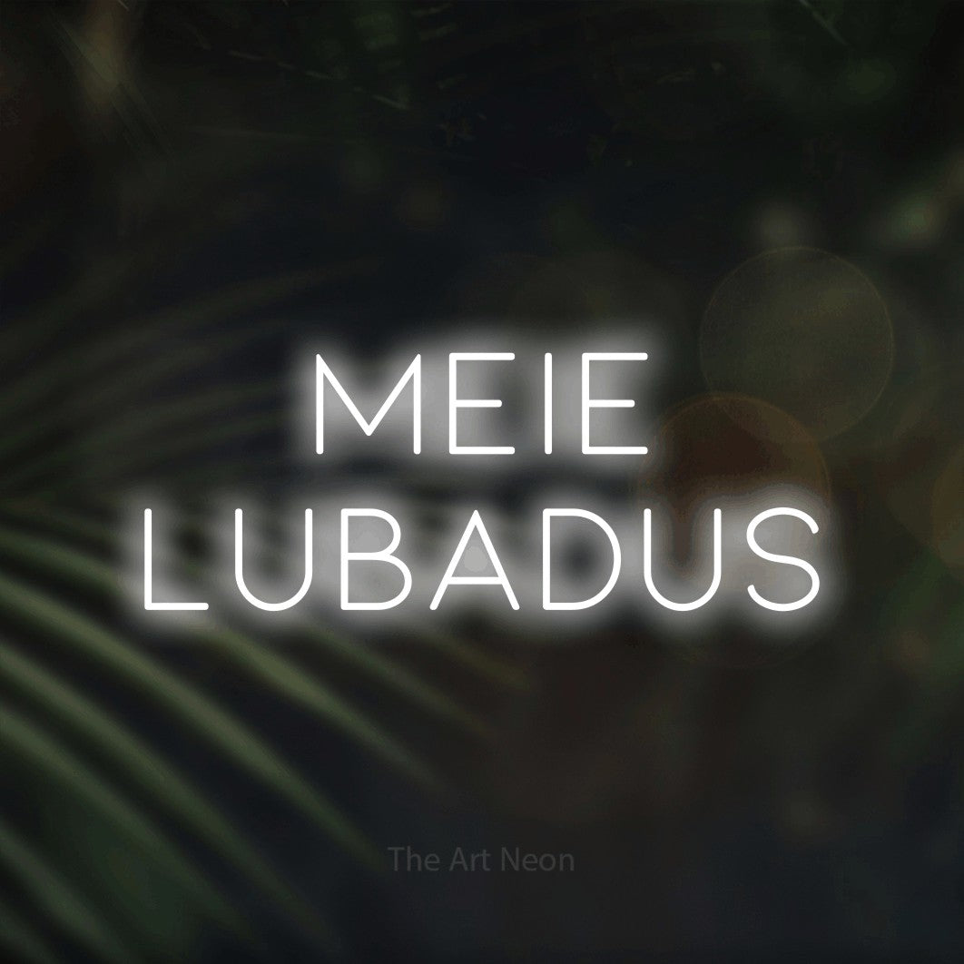 LED neon sign reading “meie lubadus”, arranged in 2 lines.