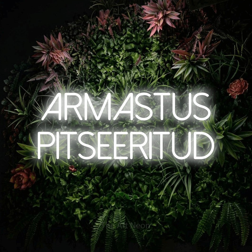 LED neon sign reading “ARMASTUS PITSEERITUD”, arranged in 2 lines.