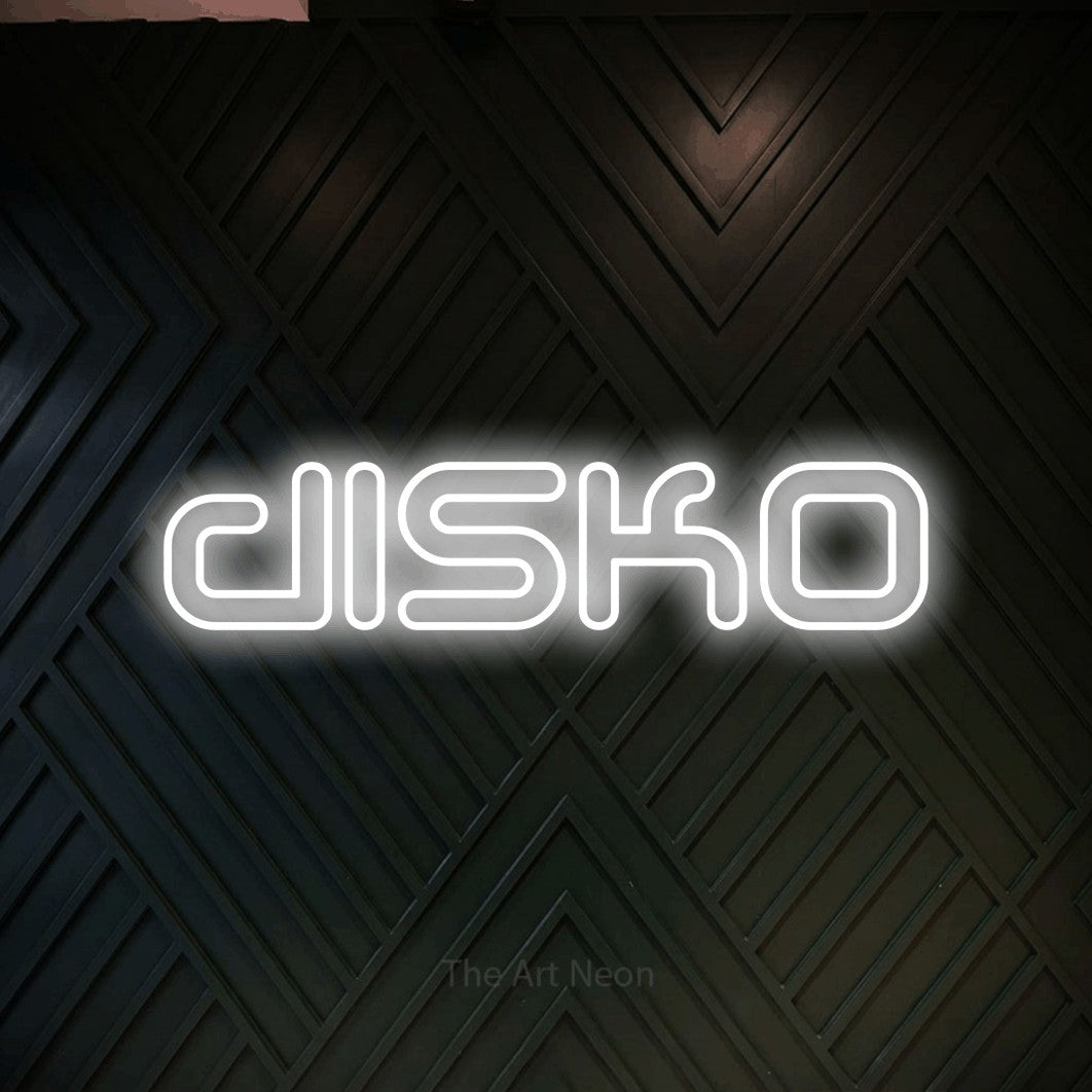 LED neon sign reading “disko”, arranged in a single line.