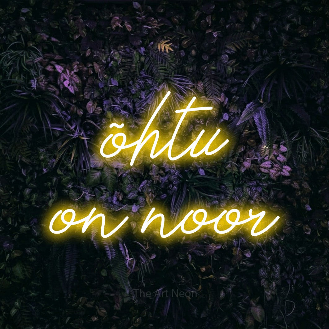 LED neon sign reading “õhtu on noor”, arranged in 2 lines.
