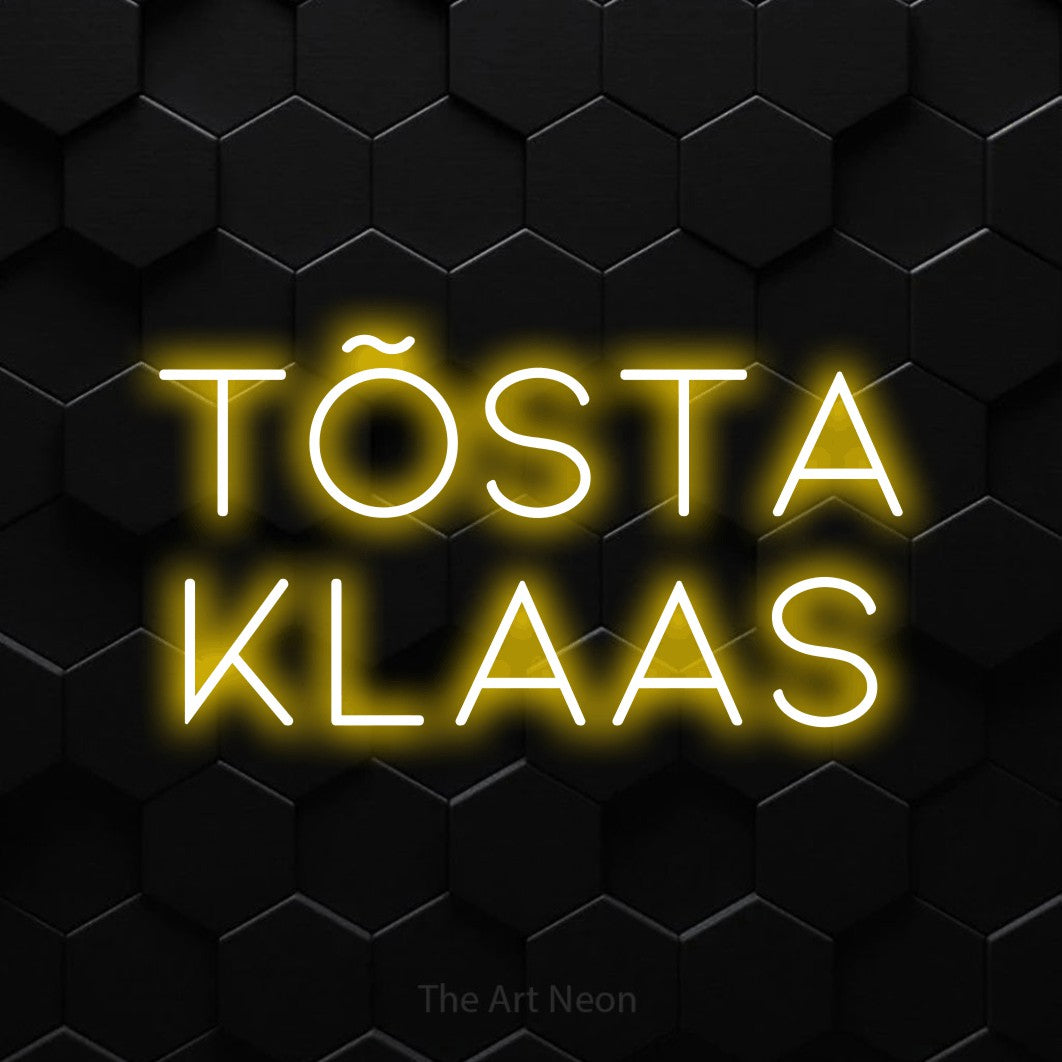 LED neon sign reading “Tõsta Klaas”, arranged in 2 lines.