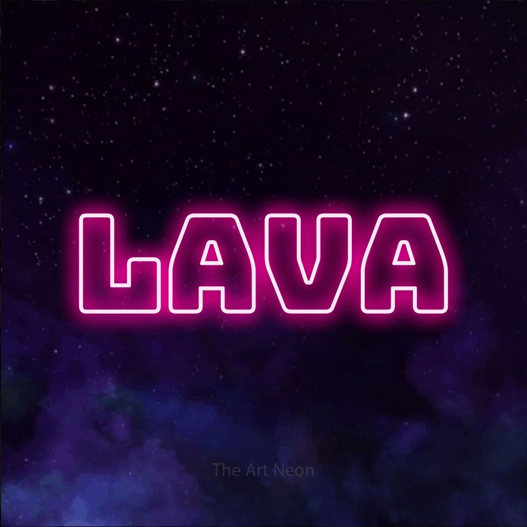 LED neon sign reading “LAVA”, arranged in a single line.