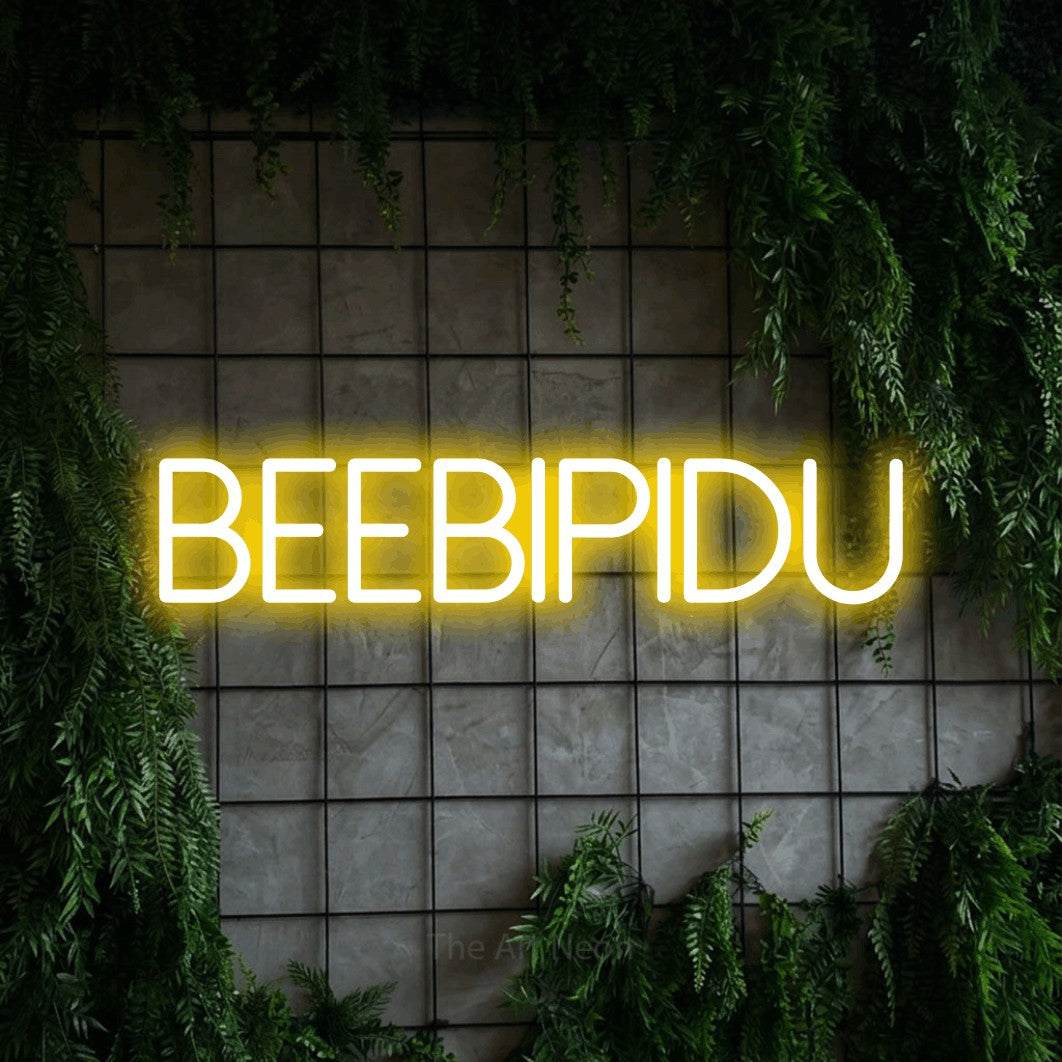 LED neon sign reading “beebipidu”, arranged in a single line.