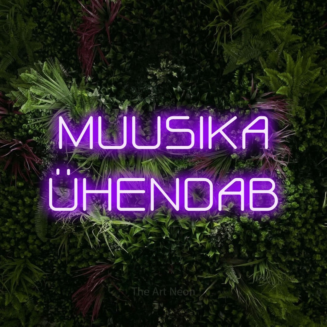 LED neon sign reading “MUUSIKA ÜHENDAB”, arranged in 2 lines.