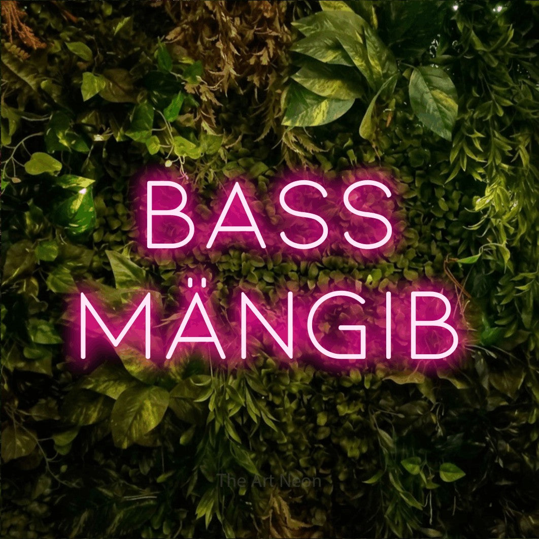 LED neon sign reading “BASS MÄNGIB”, arranged in 2 lines.