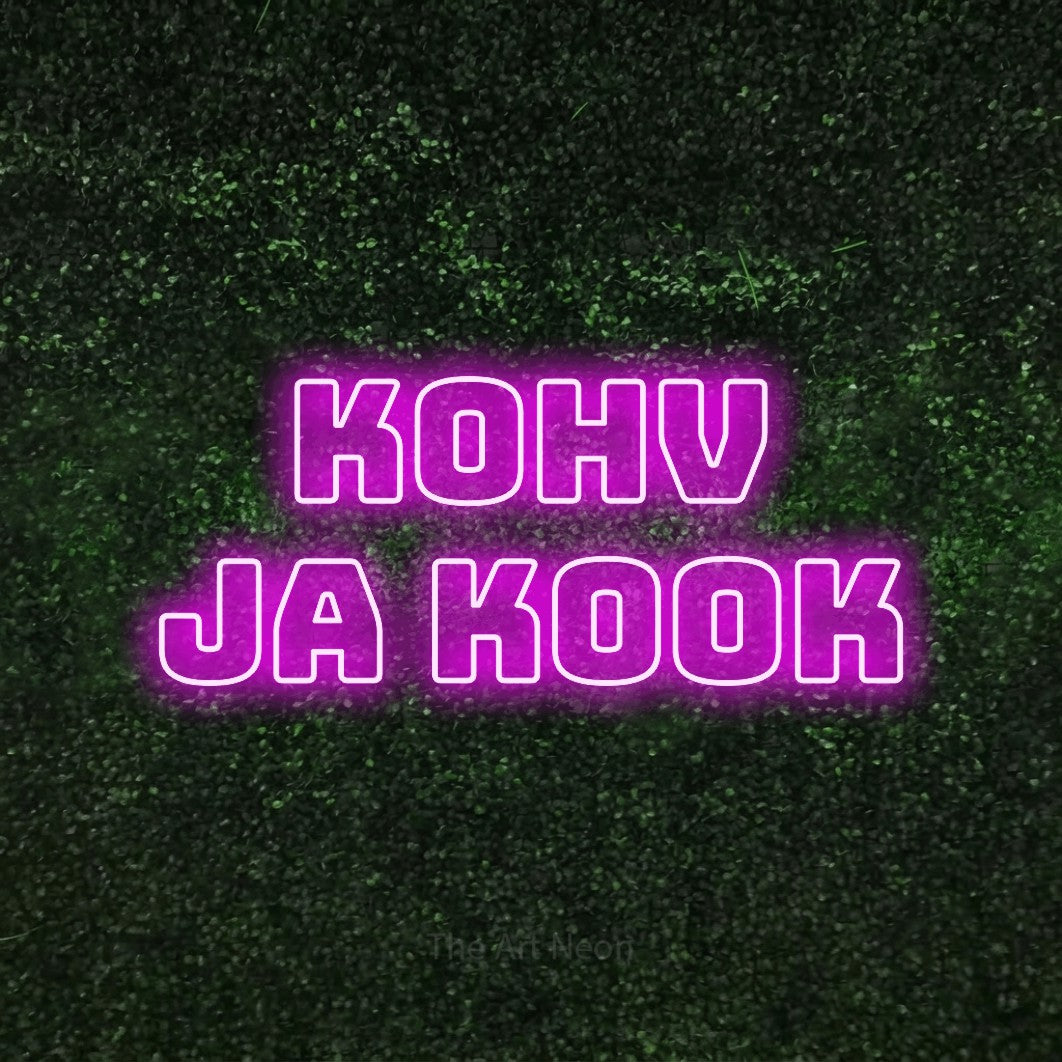 LED neon sign reading “Kohv Ja Kook”, arranged in 2 lines.