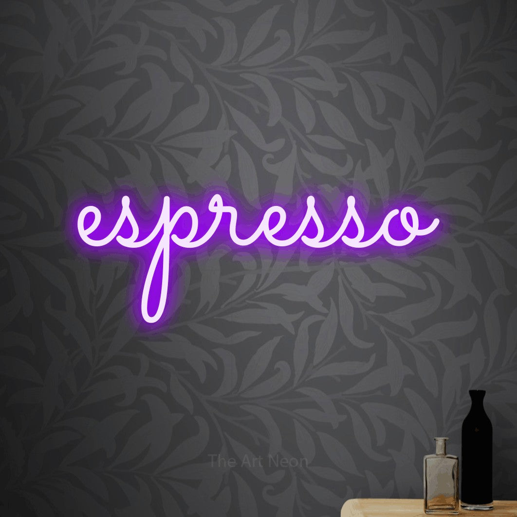 LED neon sign reading “espresso”, arranged in a single line.