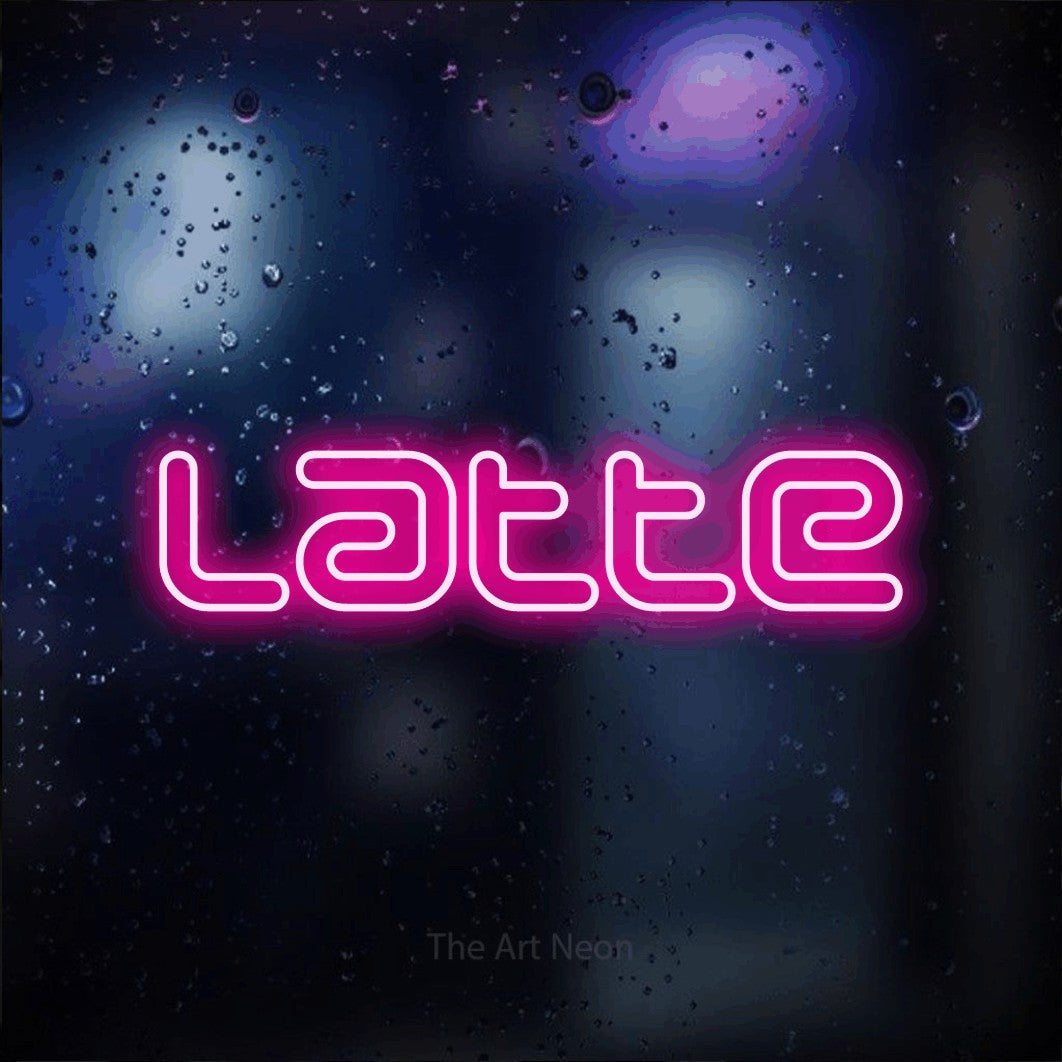 LED neon sign reading “latte”, arranged in a single line.
