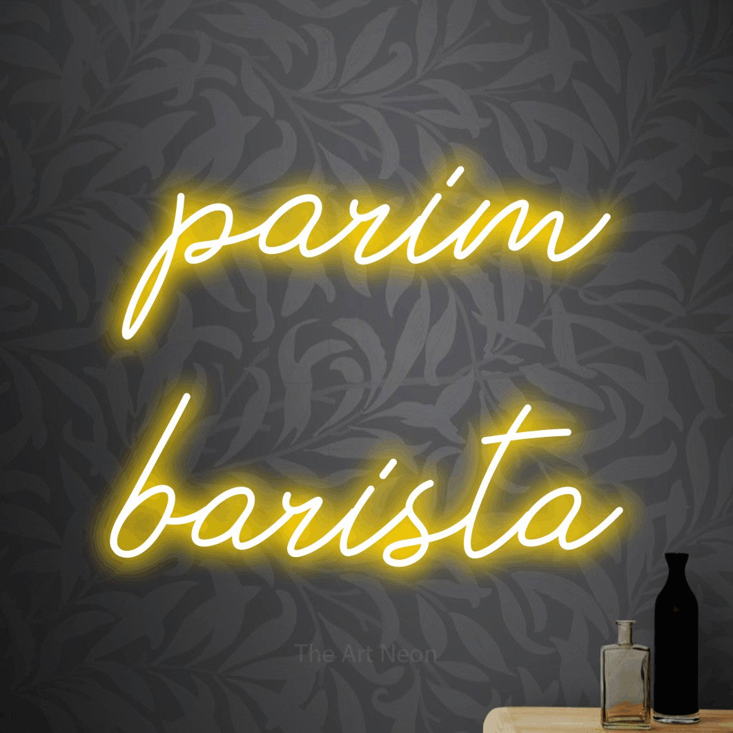 LED neon sign reading “parim barista”, arranged in 2 lines.