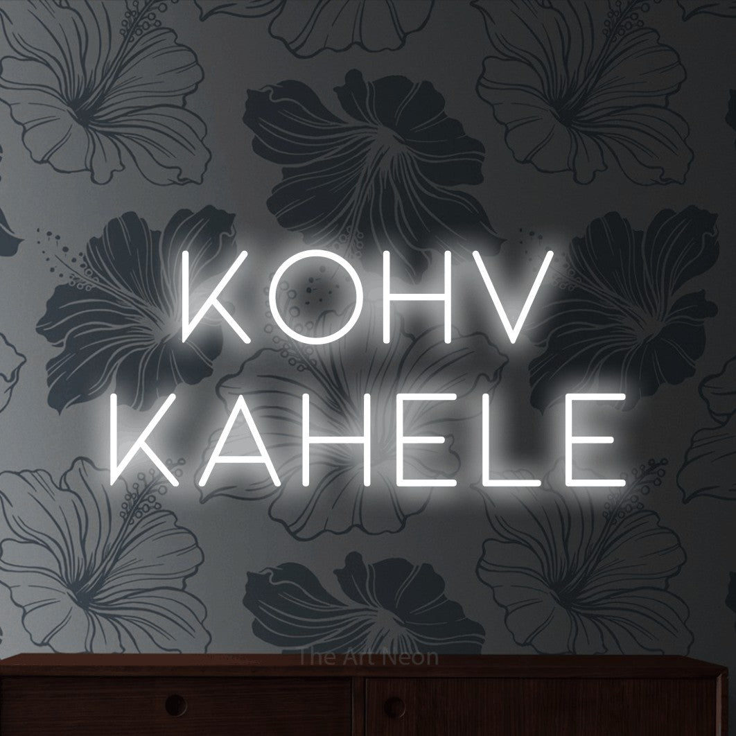 LED neon sign reading “Kohv Kahele”, arranged in 2 lines.