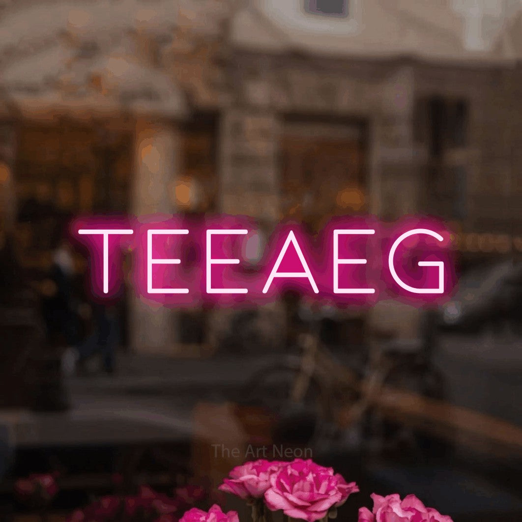 LED neon sign reading “TEEAEG”, arranged in a single line.
