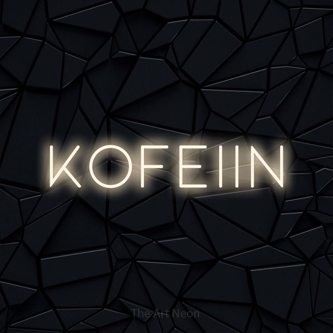 LED neon sign reading “kofeiin”, arranged in a single line.