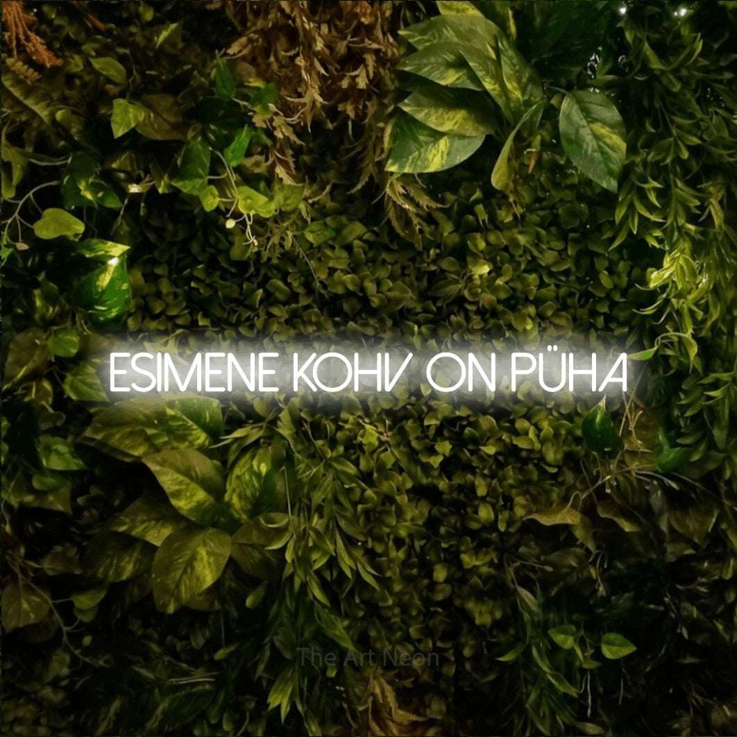 LED neon sign reading “ESIMENE KOHV ON PÜHA”, arranged in a single line.