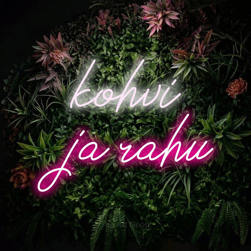 LED neon sign reading “kohvi ja rahu”, arranged in 2 lines.