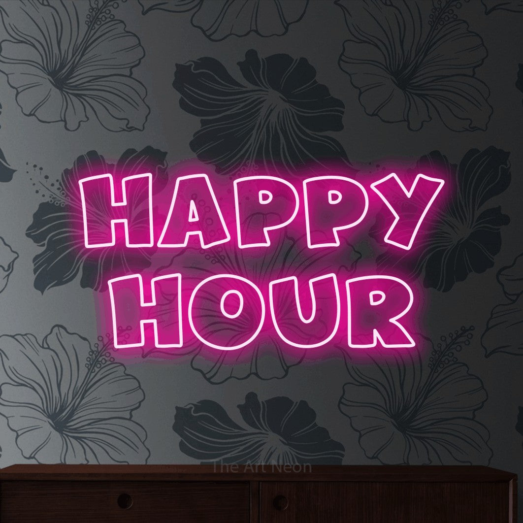 LED neon sign reading “happy hour”, arranged in 2 lines.