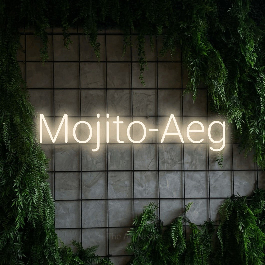 LED neon sign reading “Mojito-Aeg”, arranged in a single line.