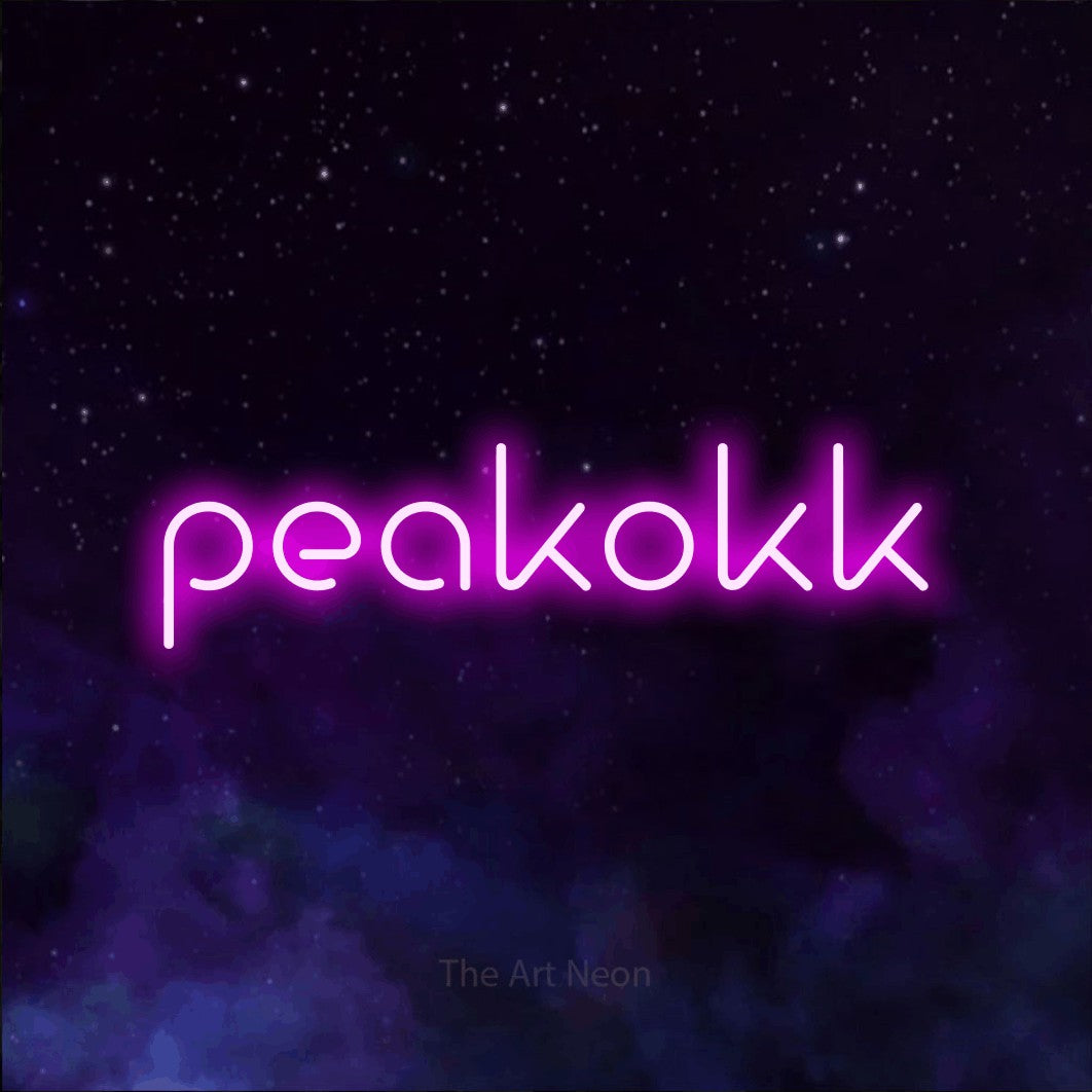 LED neon sign reading “peakokk”, arranged in a single line.