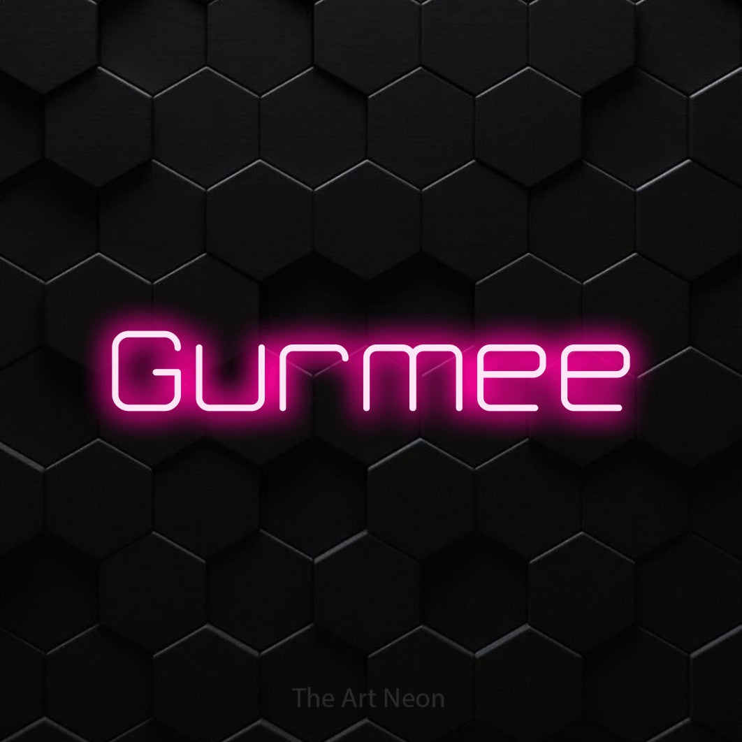 LED neon sign reading “Gurmee”, arranged in a single line.
