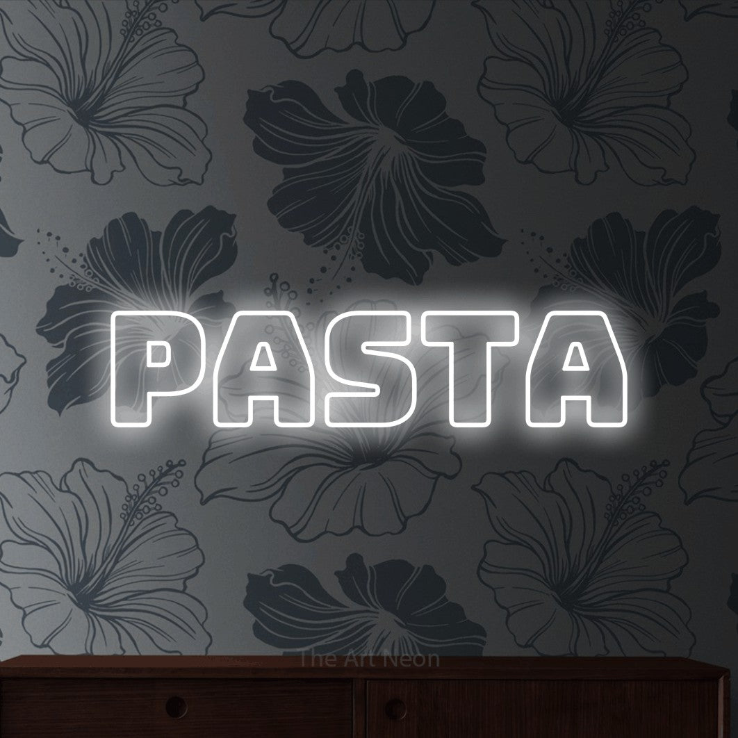 LED neon sign reading “pasta”, arranged in a single line.